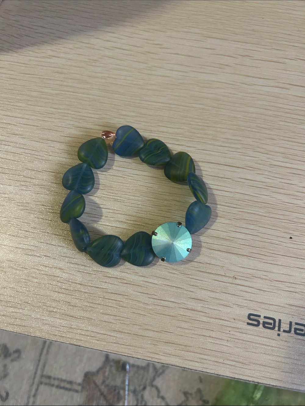 Blue-Green Heart Bead Stretch Bracelet with Iridescent Accent